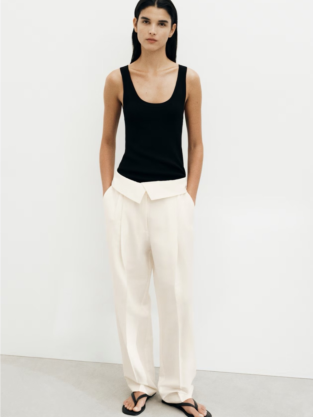 H&M Foldover Linen Blend Cream Trousers High-Waist Pants